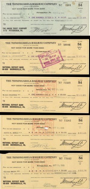 Monongahela Railway Co. -  Set of 5 1925 dated Checks