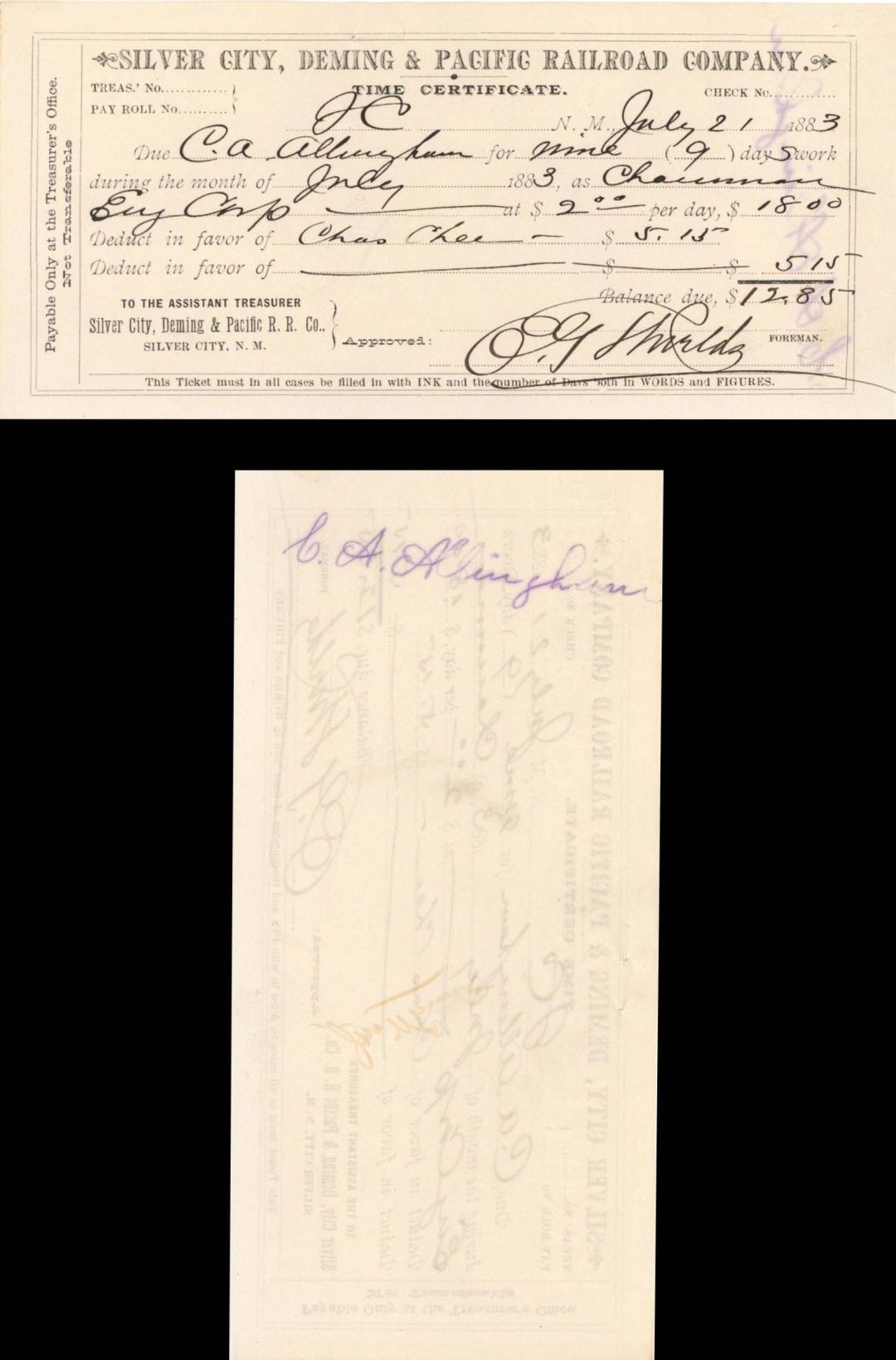 Silver City, Deming and Pacific Railrod Co. Check - 1883 dated Check