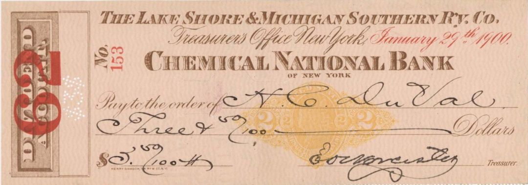 Lake Shore and Michigan Southern Ry. Co.  - 1900 dated Check