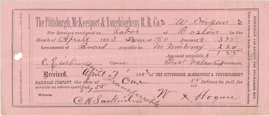 Pittsburgh, McKeesport and Youghiogheny R.R. Co.  - 1883 dated Check