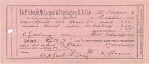 Pittsburgh, McKeesport and Youghiogheny R.R. Co.  - 1883 dated Check