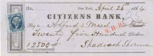 Check with Revenue Stamp - 1864 dated Americana