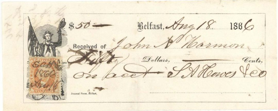 Check with Revenue Stamp - 1866 dated Americana - Most Likely Belfast, Maine