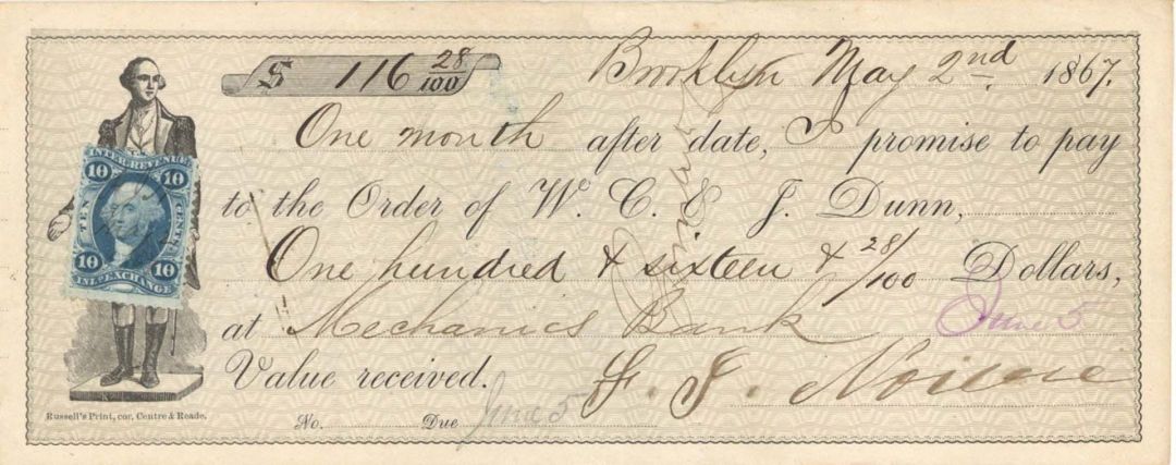 Check with Revenue Stamp - 1867 dated Americana