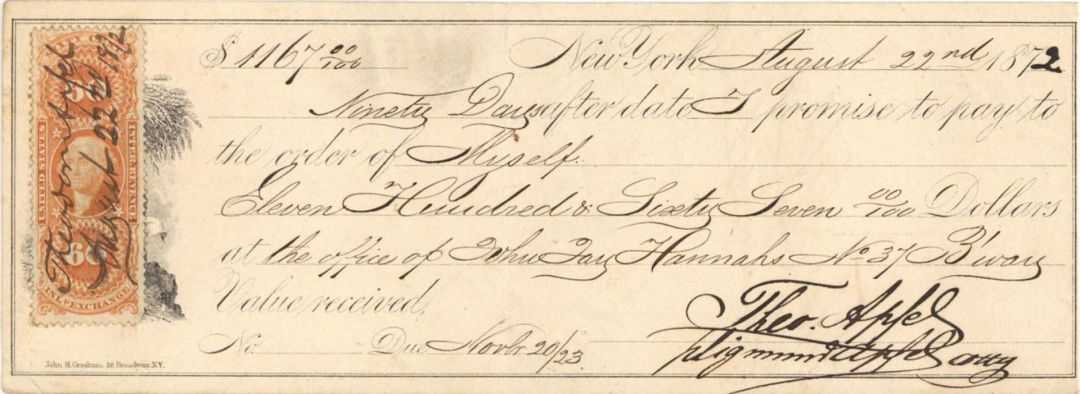 Check with 60 cents Revenue Stamp - 1872 dated Check