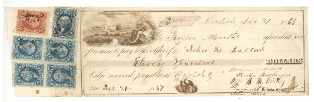 Check with 6 Revenue Stamps and Indian vignette - 1866 dated Check