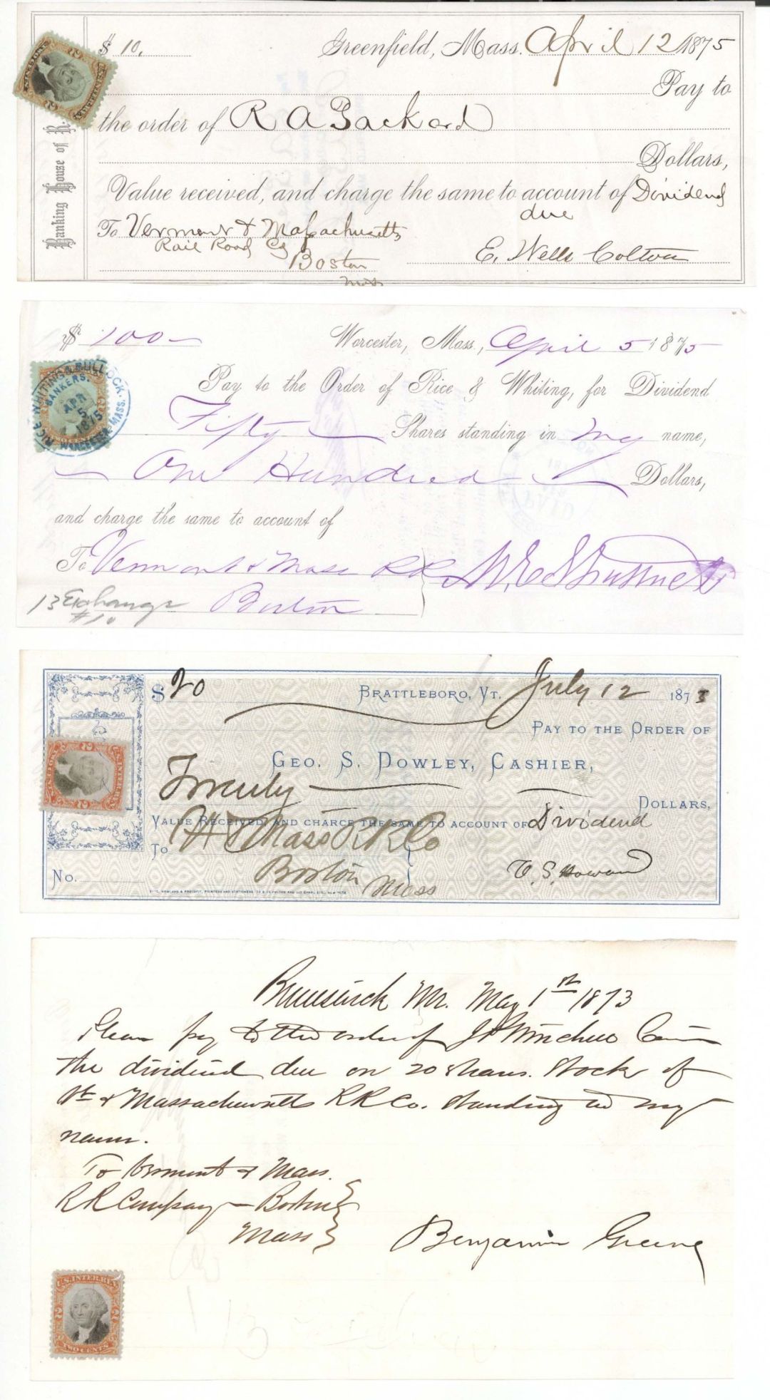 Check with Revenue Stamp - 1870's dated Checks