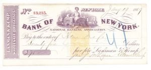 Bank of New York check with Imprinted Revenue Stamp - 1869 dated Check