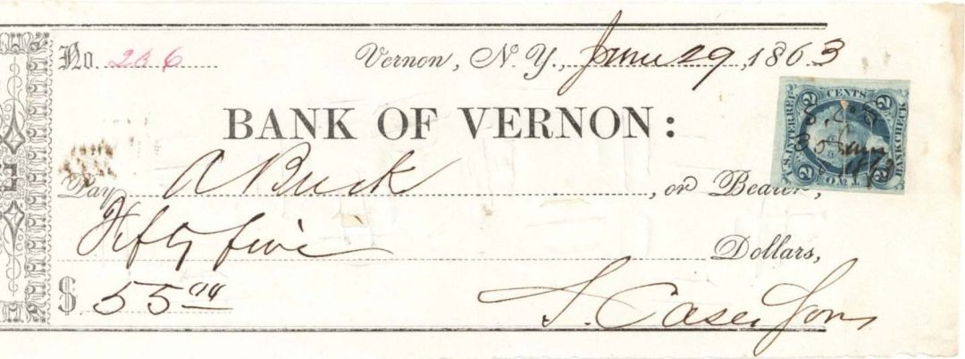 Bank of Vernon check with Revenue Stamp - 1863 dated Check