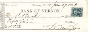 Bank of Vernon check with Revenue Stamp - 1863 dated Check