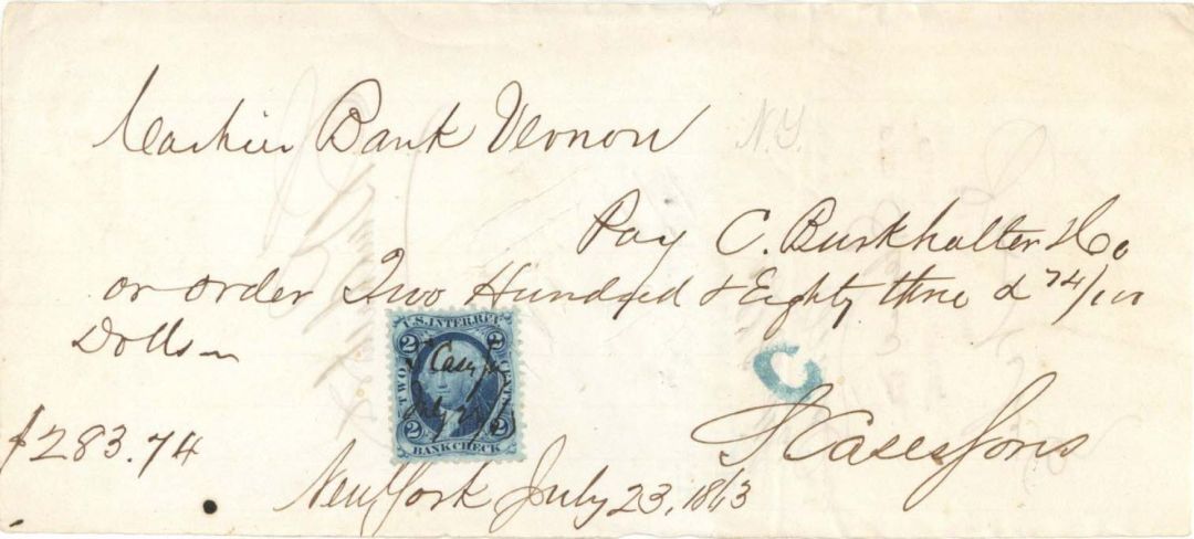 Bank of Vernon check with Revenue Stamp - 1863 dated Check