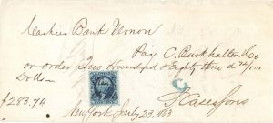 Bank of Vernon check with Revenue Stamp - 1863 dated Check