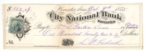 City National Bank of Worcester check with Revenue Stamp - 1875 dated Check