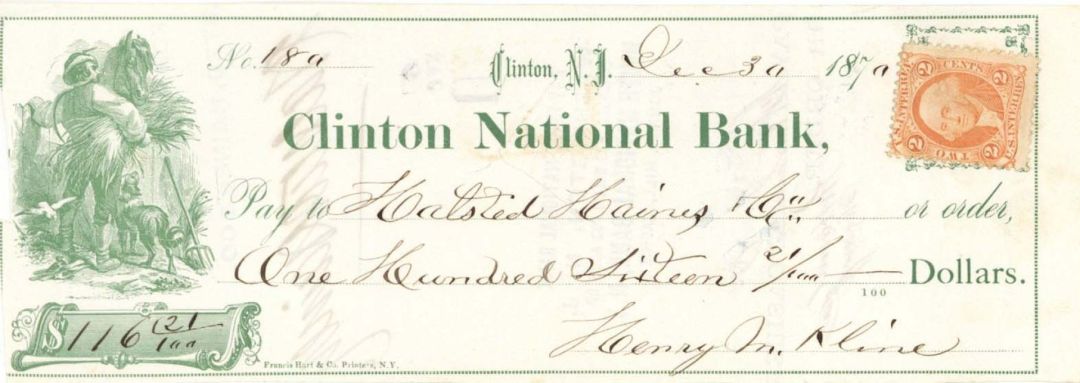 Clinton National Bank check with Revenue Stamp - 1870 dated Check