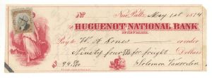 Huguenot National Bank of New Paltz check with Revenue Stamp - 1874 dated Check