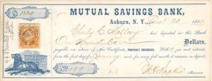 Mutual Savings Bank check with Revenue Stamp - 1865 dated Check