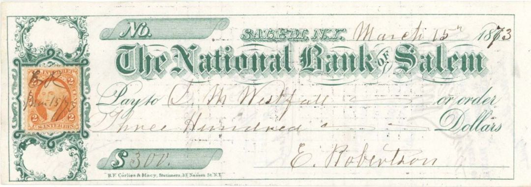 National Bank of Salem check with Revenue Stamp - 1873 dated Check