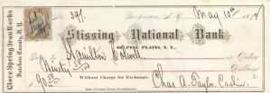 Stissing National Bank of Pine Plains, N.Y. check with Revenue Stamp - 1872 dated Check