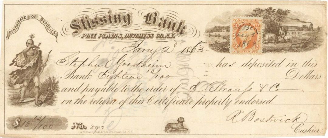 Stissing Bank check with Revenue Stamp - 1863 dated Check