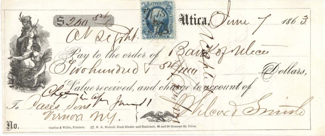 Bank of Utica check with Revenue Stamp - 1863 dated Check