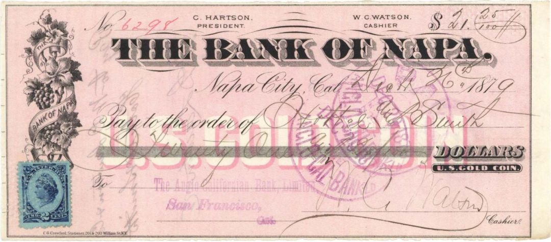  Bank of Napa Check -  1879 dated Check