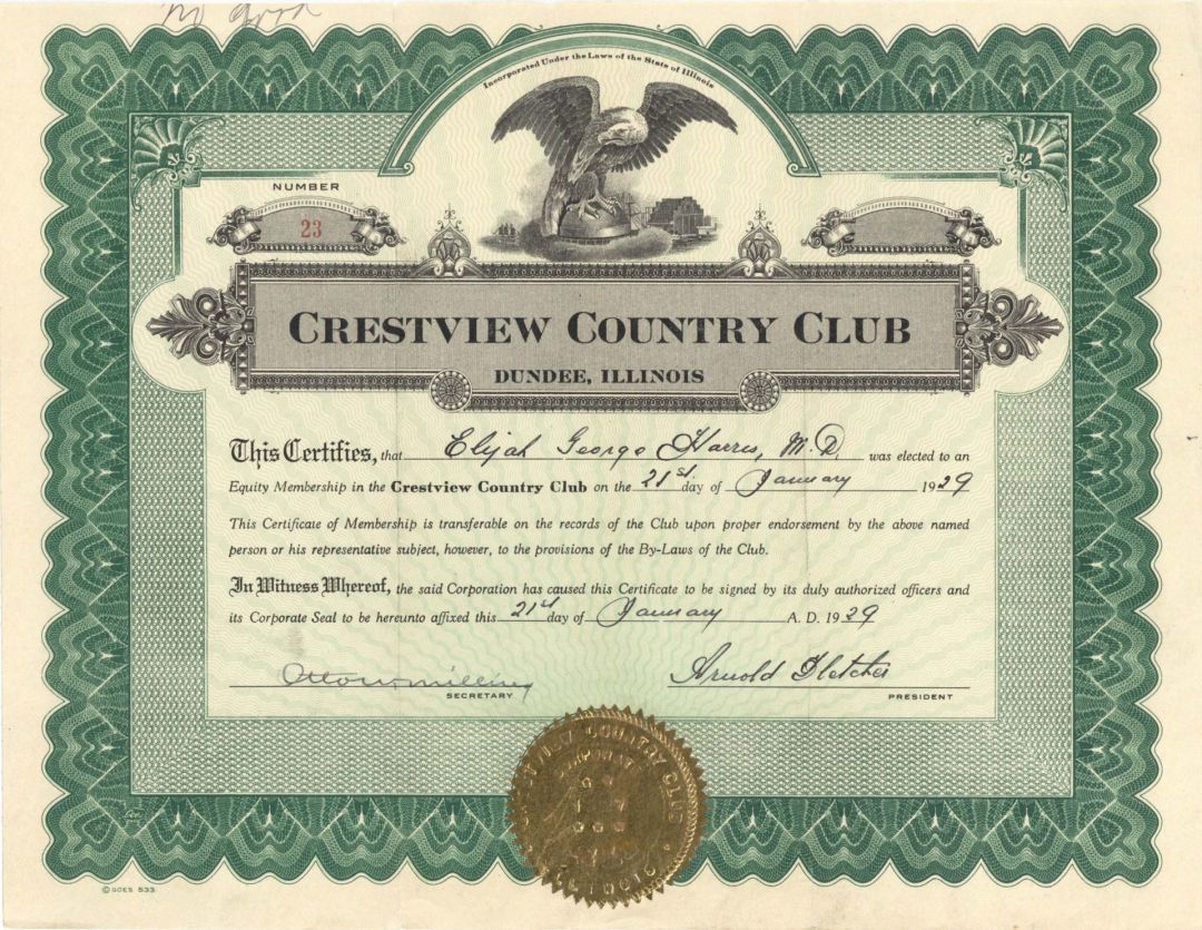 Crestview Country Club  - 1929 dated Stock Certificate