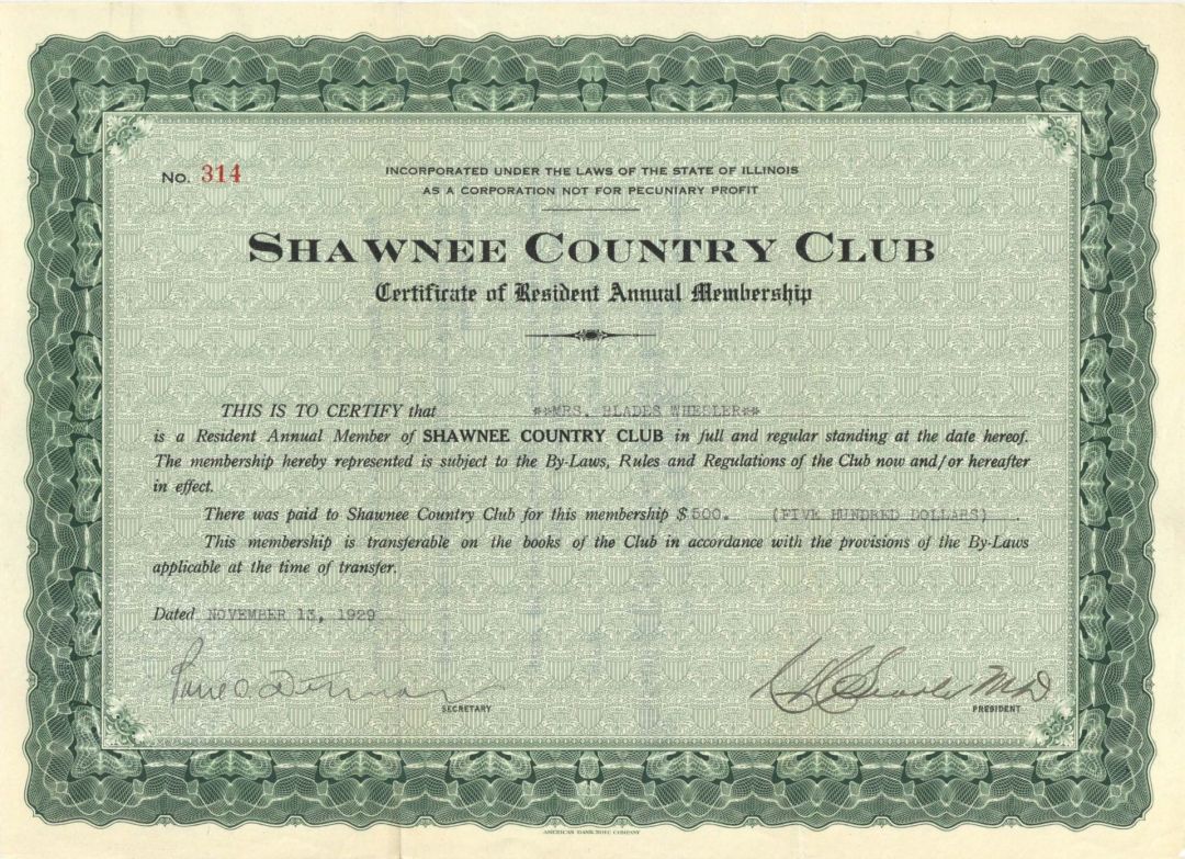 Shawnee Country Club  - 1929 dated Stock Certificate