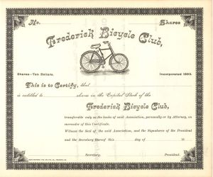 Frederick Bicycle Club - Unissued Stock Certificate