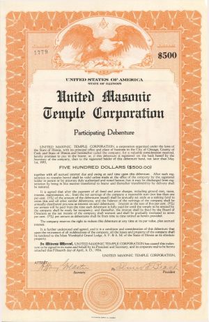 United Masonic Temple Corp.  - 1924 dated $500 Bond