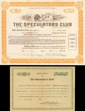 Speculators Club Inc. - 1936 dated Stock Certificate and Receipt