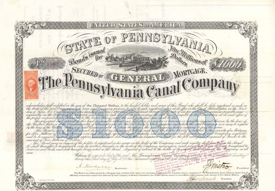 Pennsylvania Canal Co. - 1870 dated $1,000 Bond