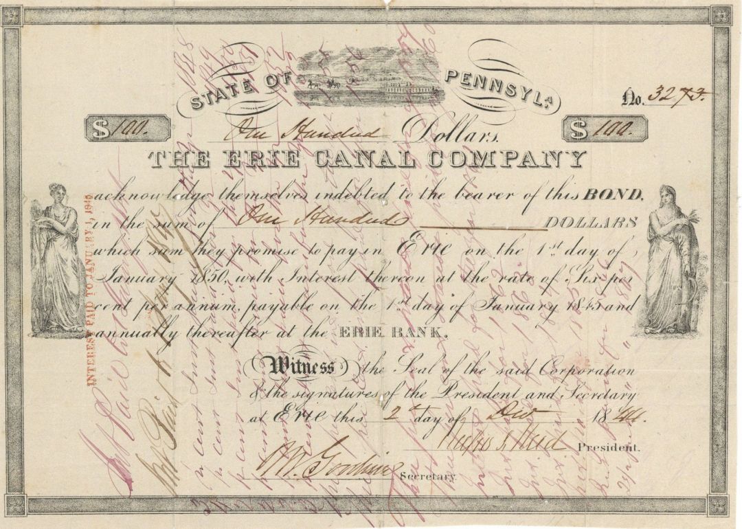 Erie Canal Co. - 1844 dated Pennsylvania Stock Certificate