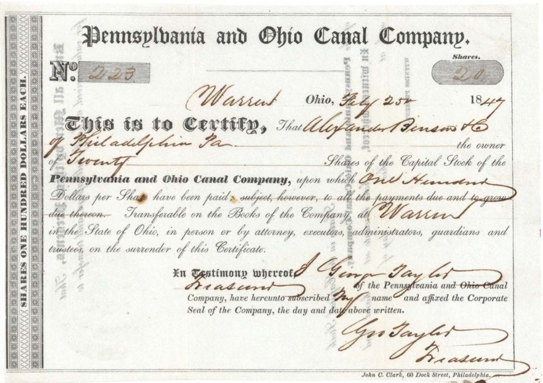 Pennsylvania and Ohio Canal Co. - 1847 dated Stock Certificate