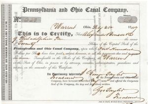 Pennsylvania and Ohio Canal Co. - 1847 dated Stock Certificate