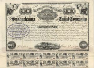 Susquehanna Canal Co. - 1853 dated $1,000 Bond