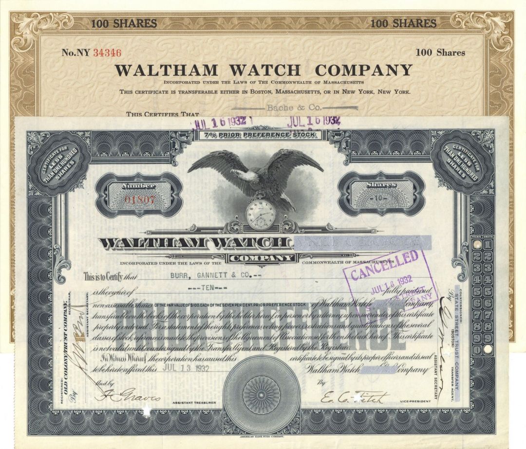 Waltham Watch Co - Pair of Stock Certificates - Two (2) Certificates