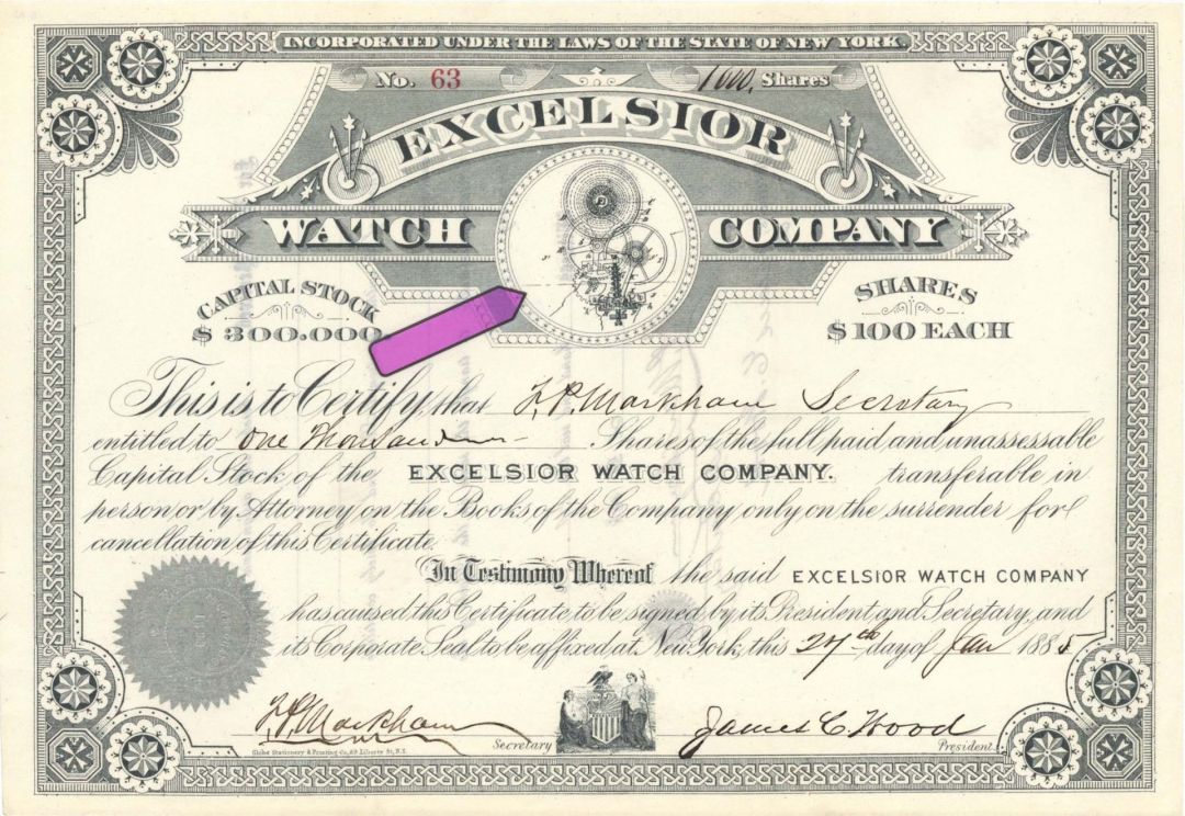 Excelsior Watch Co.  - 1885 dated Stock Certificate