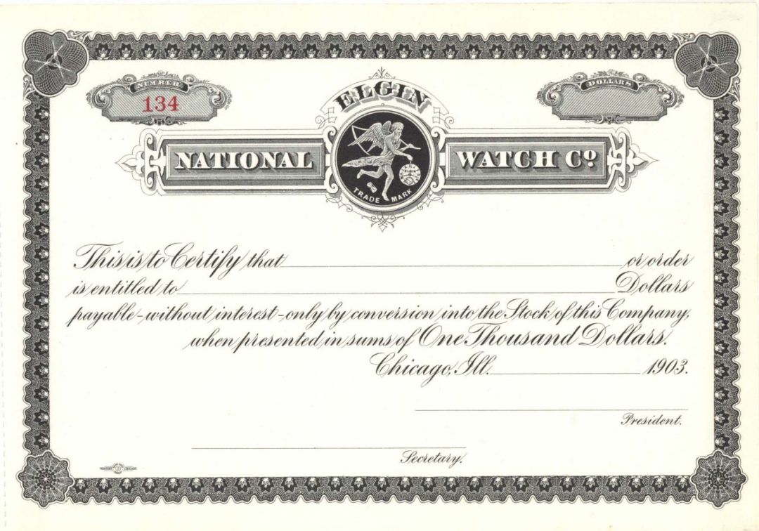 Elgin National Watch Co.  - Unissued 1903 dated Stock Certificate