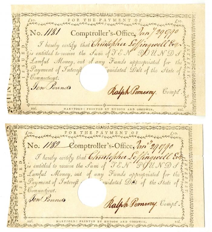 Ralph Pomeroy signed 1790 Payment Notices - Cut Pair - American Revolutionary War
