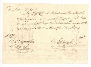 Oliver Ellsworth signed Revolutionary War Pay Order - Connecticut Revolutionary War Bonds