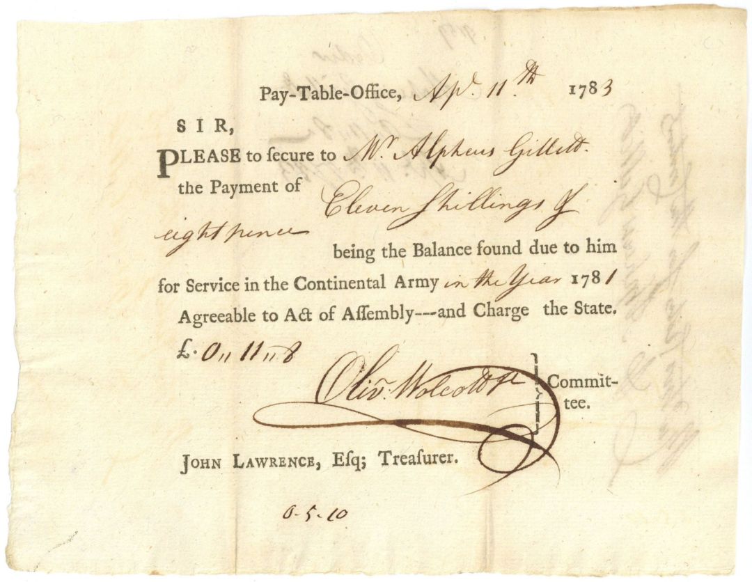 Pay Order Signed by Oliver Wolcott Jr. - 1780's dated War Payment Order for Service in the Continental Army