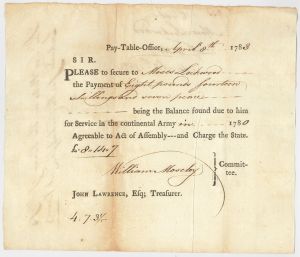 Revolutionary War Payment Order dated 1780's for Service in the Continental Army - Connecticut - American Revolution