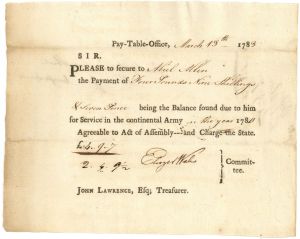 1782-84 dated Revolutionary War Payment Order for Service in the Continental Army - Connecticut - American Revolution