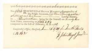 1789 dated Receipt of Oliver Wolcott of Lawful Money - Connecticut Revolutionary War