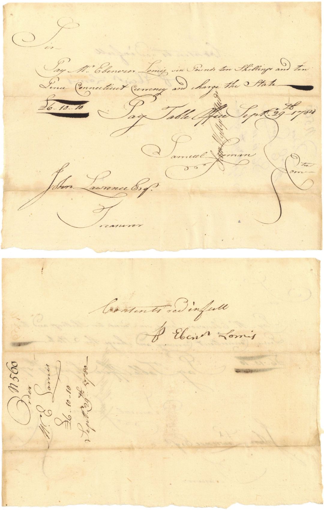 Connecticut Pay Table Order - 1781 dated Revolutionary War Period Document