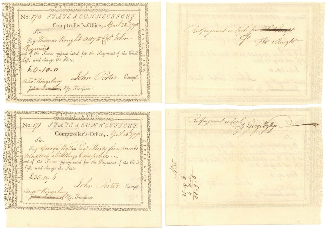 Pair of State of Connecticut Pay Order dating 1795-1797 - Connecticut - American Revolutionary War Bond