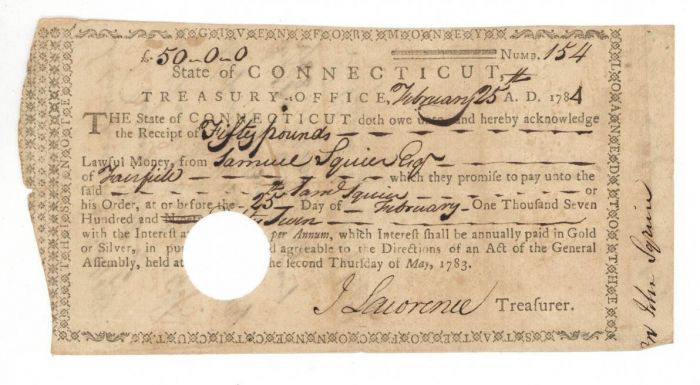 Receipt paid in gold or silver - Connecticut Revolutionary War Bonds