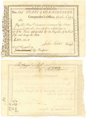 1794 dated Pay Order Issued to Andrew Adams and signed by Andrew Kingsbury and John Porter - Connecticut - Revolutionary War