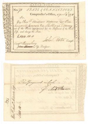 Pay Order Issued to Andrew Adams and signed by Andrew Kingsbury and John Porter - Connecticut Revolutionary War Bonds