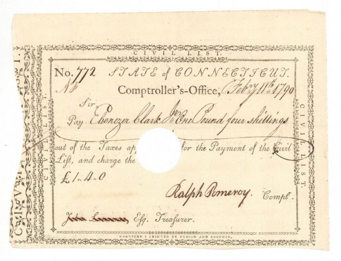 Pay Order Signed by Ralph Pomeroy - Connecticut Revolutionary War Bonds